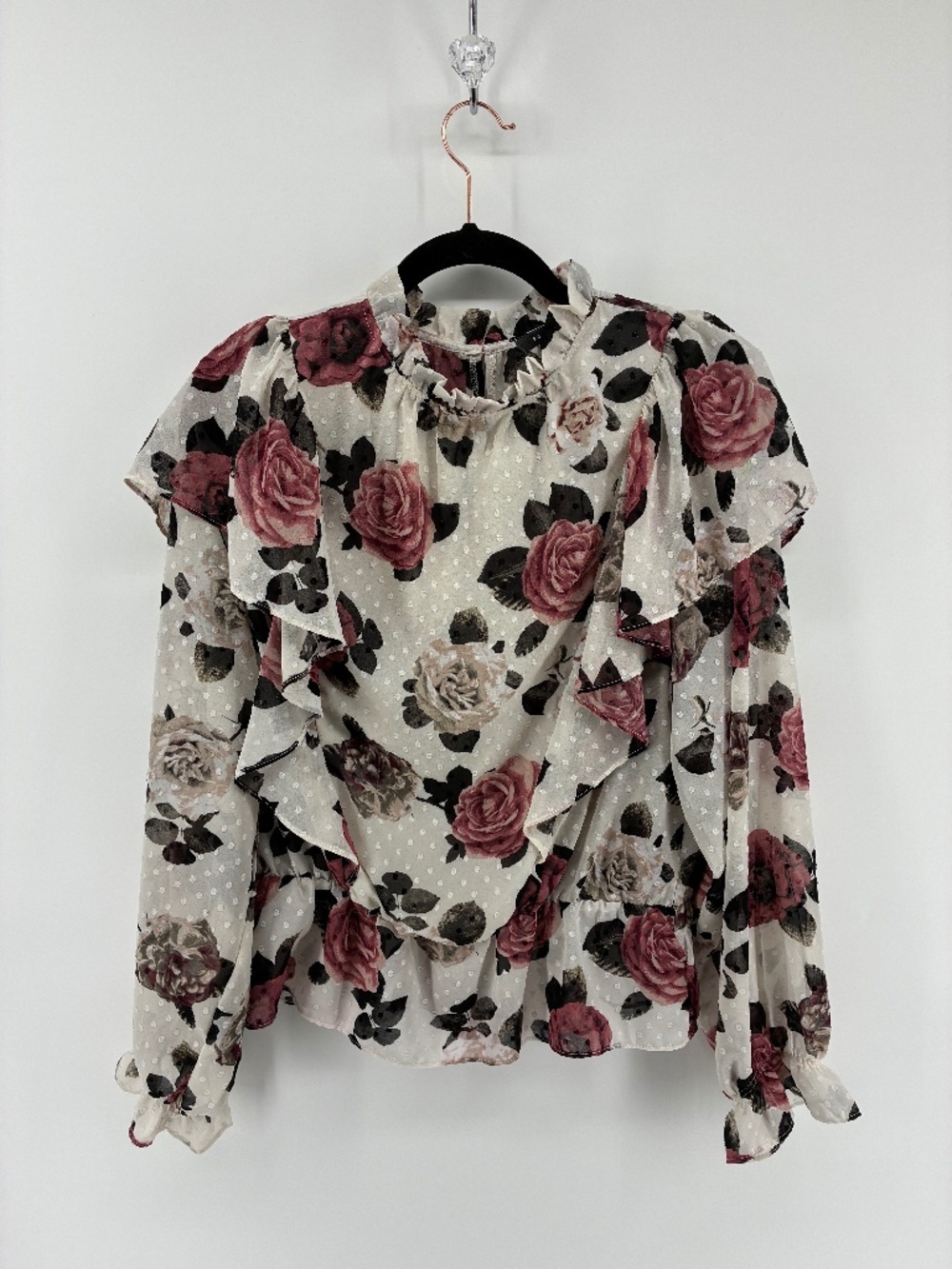 MASSIVE $10 SALE Suzy Shier Floral Puff Sleeve Blouse - Pink and Black